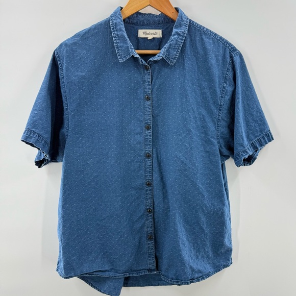 Madewell Textured Dot 100% Cotton Blue Short Sleeve Button Front Shirt Size M - Picture 1 of 8
